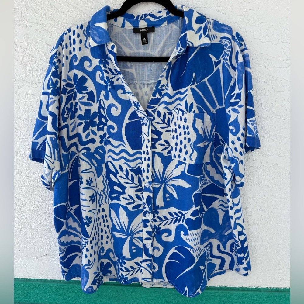 Aqua Tropical Blue White Floral Short Sleeve Button Down Top XXL
